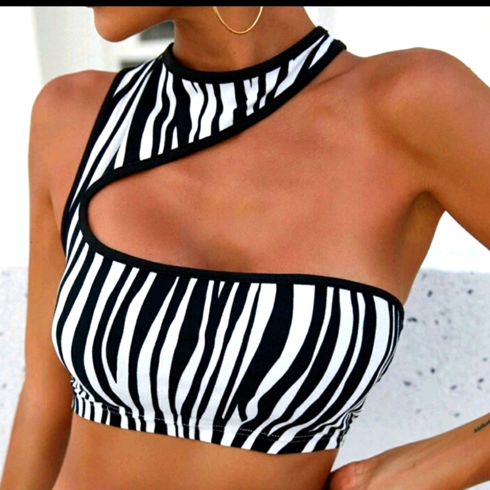Zebra Stripe Contrast Binding Crop Top